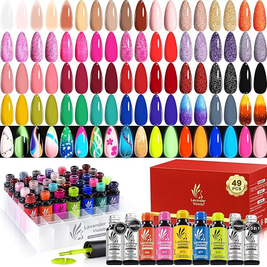 Lavender Violets 49 PCS Gel Nail Polish Set,45 Colors Summer Neon Glow in the Dark Effect with Nail Primer,Builder Base Coat,Glossy,Matte Top Coat Red Jelly Nude Glitter New Year Gifts for Women A950