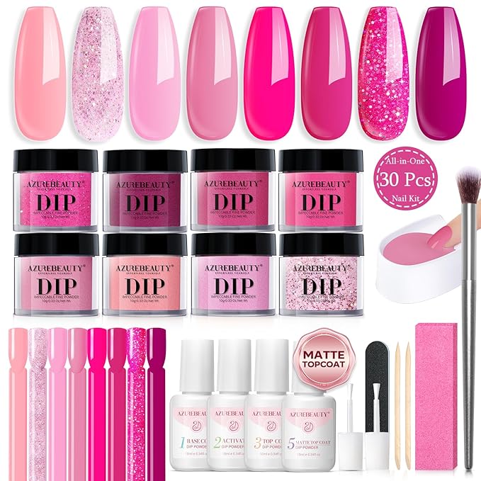 AZUREBEAUTY Dip Powder Nail Starter Kit with Matte Coat, 8 Hot Pink Glitter Neon Summer Color, Dipping Powder Liquid Set with Base/Top Coat/ Activator/10 Nail Sticks Salon at Home
