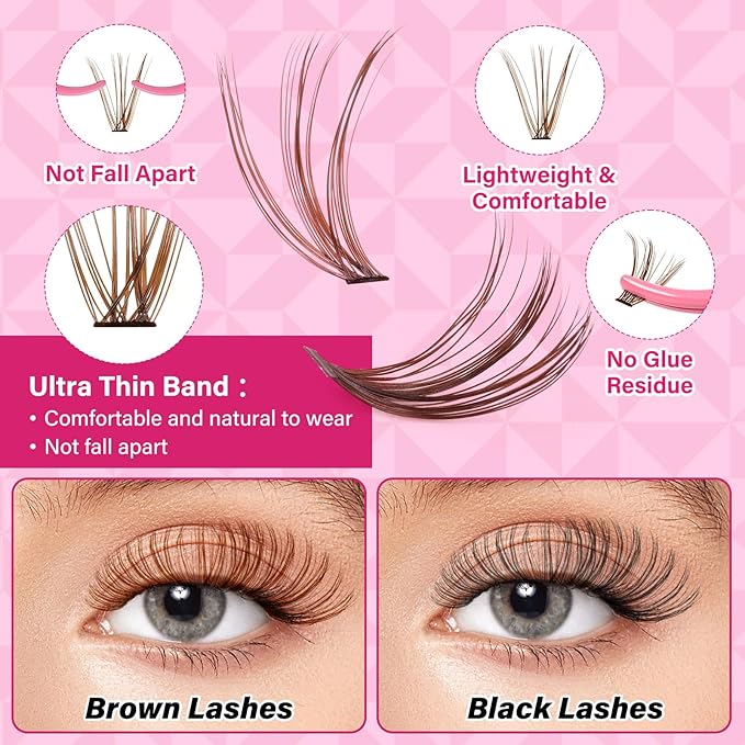 Brown Lash Extension Kit 280pcs Brown Lash Clusters Eyelash Extension Kit With Lash Bond And Seal Lash Remover Lash Applicator Eyelash Brush Easy to Apply at Home for Self Use (30D+40D-9-16mix Kit)
