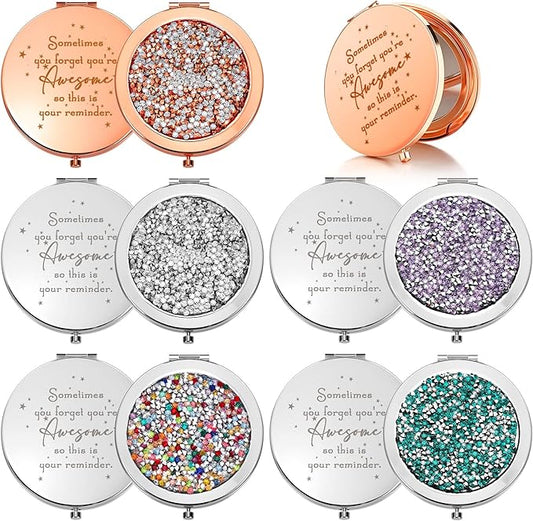 Roowest 10 Pcs Inspirational Compact Mirror Sometimes You Forget You're Awesome Appreciation Gifts for Women Mother's Day Party Favors Magnifying Pocket Mirror (Assorted Colors)
