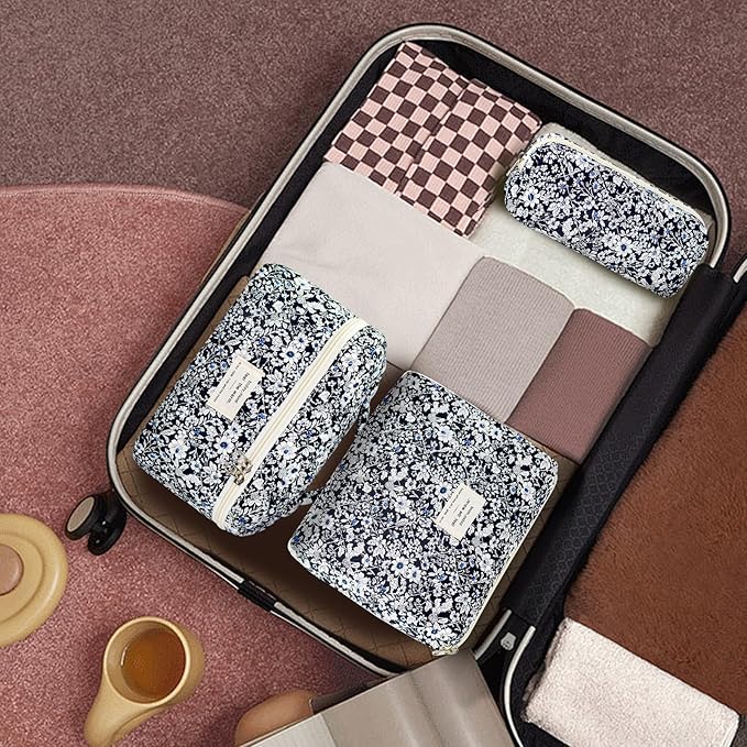 3Pcs Makeup Bag Cotton Quilted Travel Cosmetic Bag Cute Floral Makeup Pouch Large Toiletry Bag for Women Girls (Black Flowers)