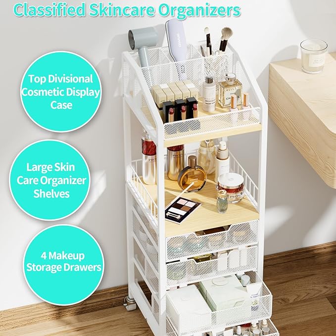 HapiRm Makeup Organizer Storage Cart - Floor Skincare Make Up Storage with 4 Drawers, Rolling Makeup Cart Vanity Organizer Cosmetics Display Cases Holder for Skin Care Perfume Nail Polish