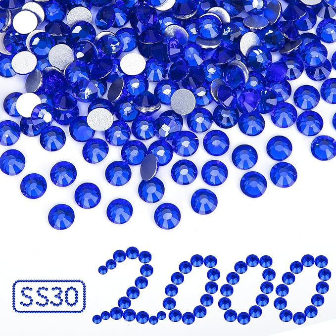 2000PCS Royal Blue Rhinestones Bulk, Flat Back Crystal Glass Stone Round Gems,SS30, 6.4-6.6mm