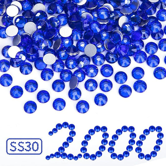 2000PCS Royal Blue Rhinestones Bulk, Flat Back Crystal Glass Stone Round Gems,SS30, 6.4-6.6mm
