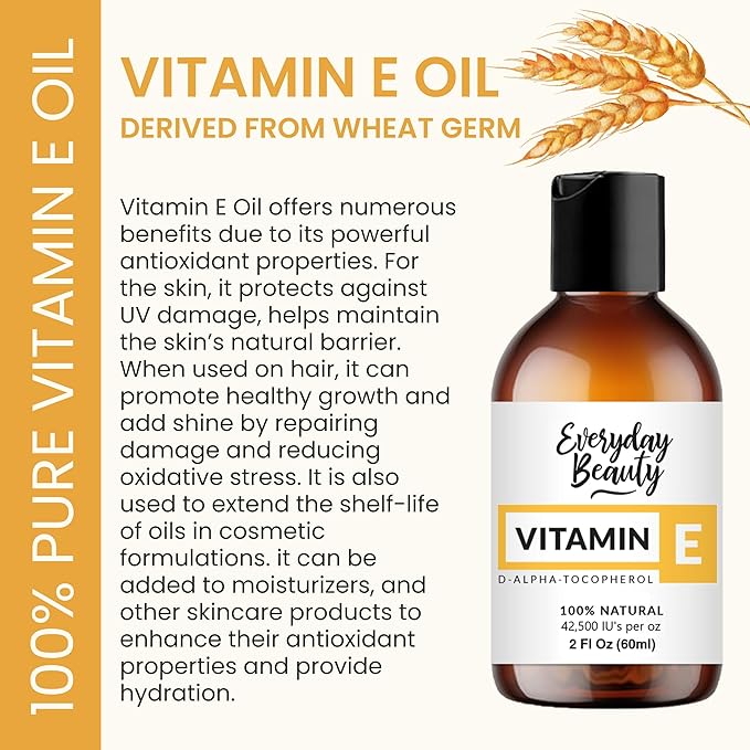 Pure Vitamin E Oil - D-Alpha Tocopherol 100% Pure & All Natural 2oz 42,500 IU per oz - Thick, Amber Color, Nutty Aroma - From Wheat Germ -Face Body Hair -DIY Cosmetics & After Surgery Scars