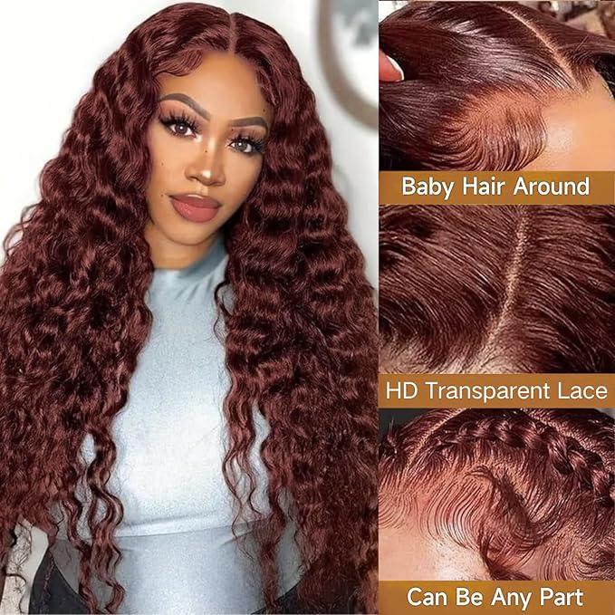 26 Inch Reddish Brown Lace Front Wigs Human Hair 13x6 Reddish Curly Lace Front Wig 180 Density Deep Wave HD Lace Frontal Wigs Human Hair Pre Plucked for Women burgundy 33# Colored Human Hair wig
