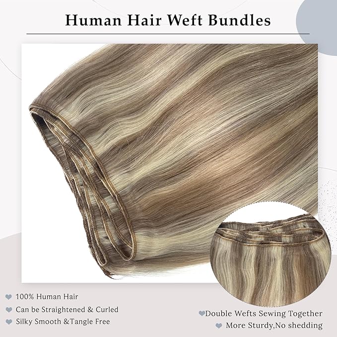 Brown Balayage Blonde Human Hair Extensions - 16 Inch Hand Tied Weft Sew in Weave Bundles - 100G Real Hair