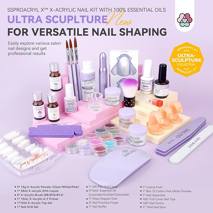 SAVILAND Acrylic Nail Kit with Drill: Nail Kit for Beginners with Everything Nails Kit Acrylic Set Acrylic Powder and Liquid Set with Essential Oils Nail Decoration U V Nail Light DIY Home Salon