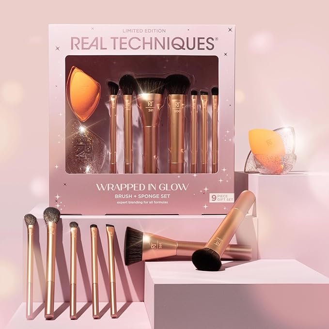 Real Techniques Wrapped In Glow Brush + Sponge 9 Piece Holiday Gift Set, Complete Makeup Brush Set, Foundation Sponge, Seamless Blending & Travel Case, Stocking Stuffer, Limited Edition, Latex-Free