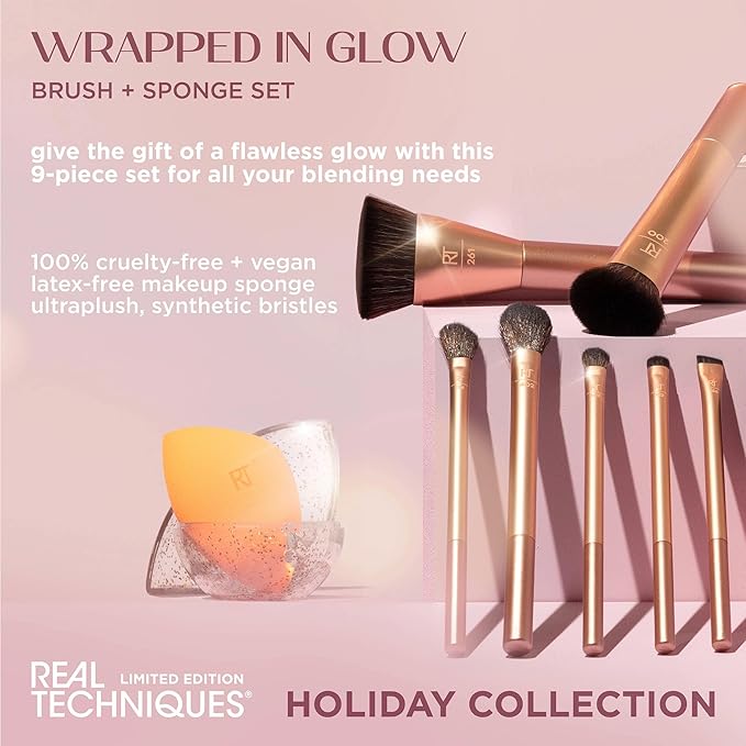 Real Techniques Wrapped In Glow Brush + Sponge 9 Piece Holiday Gift Set, Complete Makeup Brush Set, Foundation Sponge, Seamless Blending & Travel Case, Stocking Stuffer, Limited Edition, Latex-Free