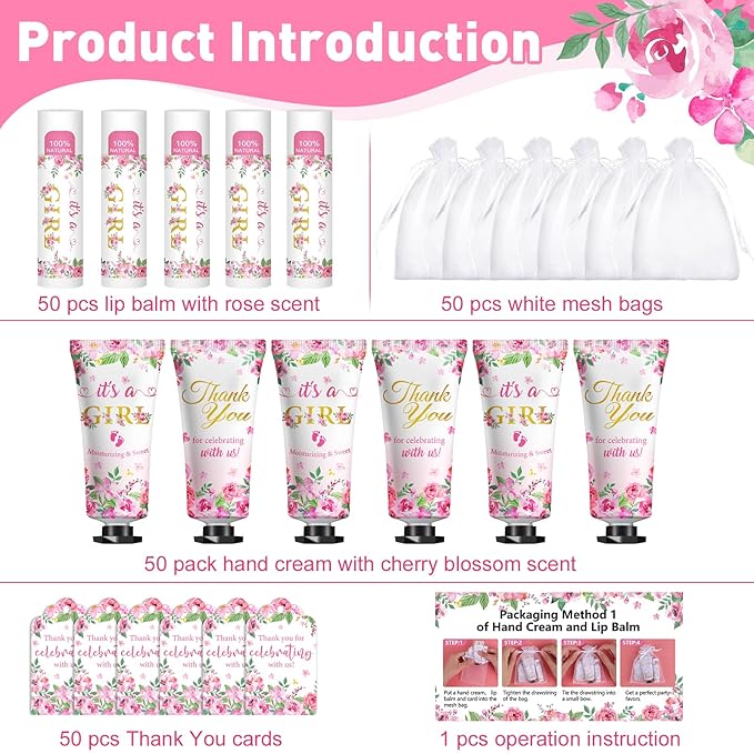 50 Pack Bulk Hand Cream and Lip Balm Gifts Sets, Baby Shower Favors and Bridal Shower Favors for Guests with Thank You Card and Organza Gift Bags, Appreciation Gifts, Wedding Party Favors (Baby Girls)