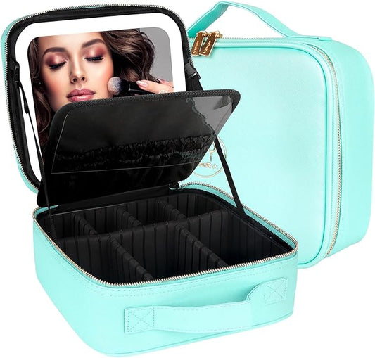 MOMIRA Travel Makeup Bag Cosmetic Bag Makeup Organizer Bag with Lighted Mirror, Adjustable Brightness in 3 Color Scenarios, Waterproof Makeup Train Case, Gift for Women - Aqua Blue