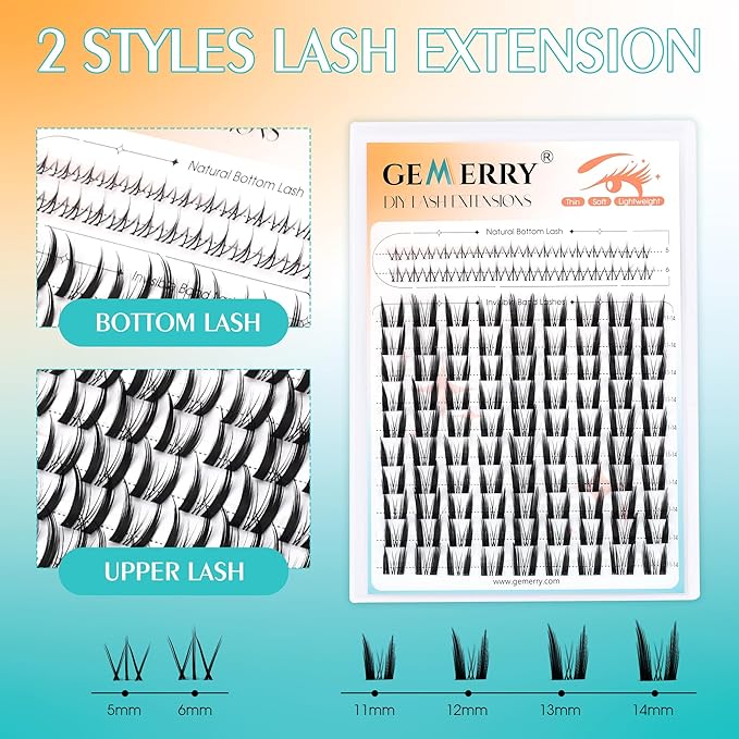 GEMERRY Lash Clusters with Bottom Lashes Fluffy Lash Extension Clusters 11-14mm Cluster Lashes Wispy Cluster Eyelash Extensions with 5-6mm Bottom Eyelashes DIY Eyelash Clusters for Self Use