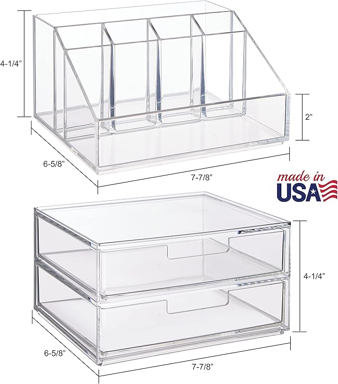 STORi Chloe Stackable Clear Makeup Brush Holder and Drawer Organizer Set, Organize Brushes, Cosmetics, and Beauty Supplies, Made in USA