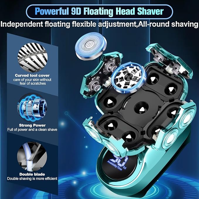 9D Head Shavers for Bald Men, Electric Shaver for Men,6 in 1 Mens Grooming Kit with Nose Hair Trimmer, Beard Trimmer,Waterproof Wet/Dry Rotary Shaver,Gift for Father, Husband, Boyfriend (Green)