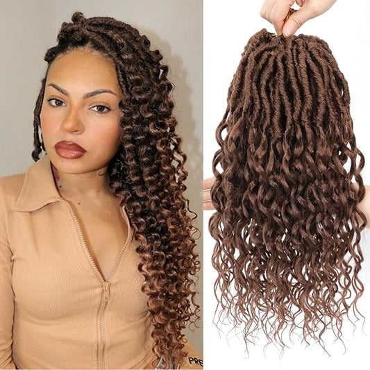14 Inch 8 Packs Goddess Faux Locs Crochet Hair with Curly Ends Bohemian Curly Crochet River Locs Braids Hair for Women Brown Hippie Locs Synthetic Crochet Braids Hair Brown Color