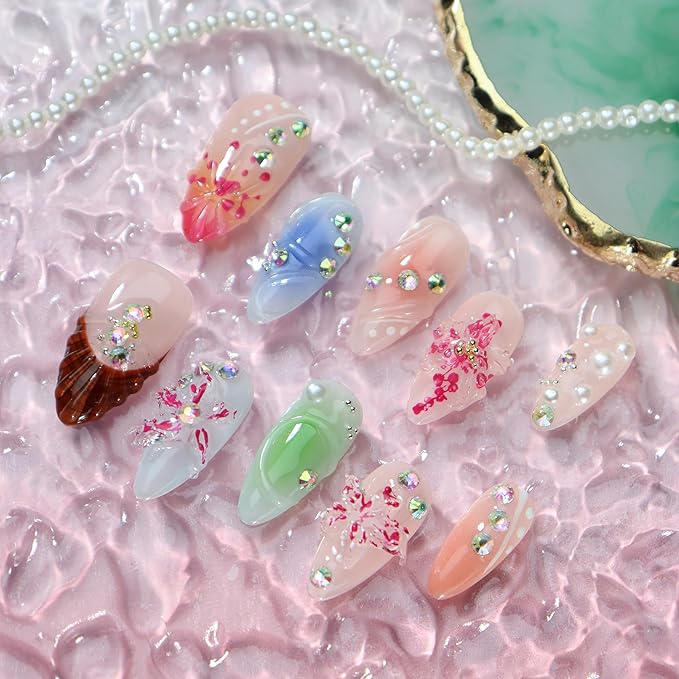 Almond Press on Nails Handmade Medium Long/Stiletto 3D Flower Fake Nail with Designs, Women Reusable False Nails (Colorful Floral, S)