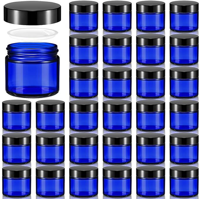 Domensi 32 Pcs 2 oz Glass Jars with Lids Travel Size Round Leakproof Empty Cosmetic Jars with Inner Liners Lid for Storing Makeup Lotions Face Cream Ointments Candle DIY Making(Cobalt Blue)