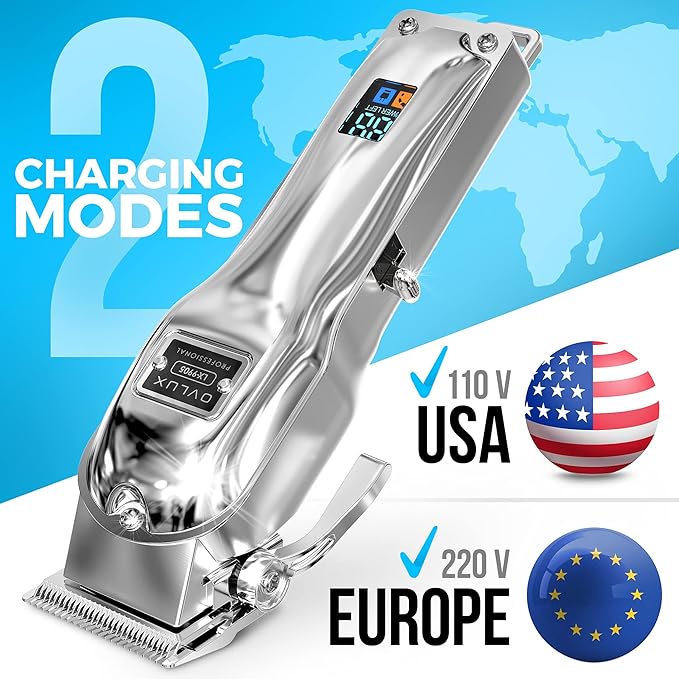 OVLUX Professional Cordless Hair Clippers for Men, Rechargeable Full Metal Beard Trimmer, Barbers Trimmer, Ideal Gift for Men, Dad - Silver.