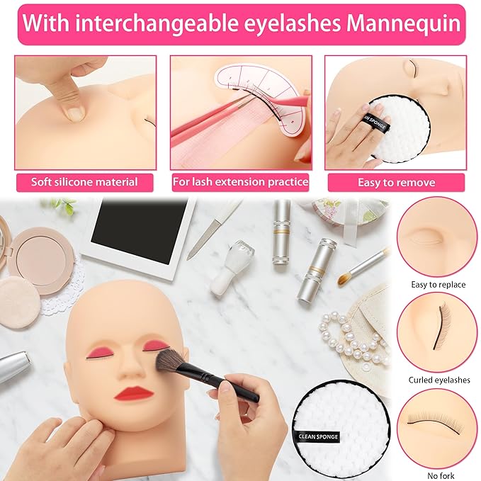 Lash Eyelash Extension Kit, Lash Kit for Eyelash Extension Beginners, with Mannequin Head, Individual Lash Glue, Eyelash Remover, Fan, Lash Extension Supplies Tools for Practice Training