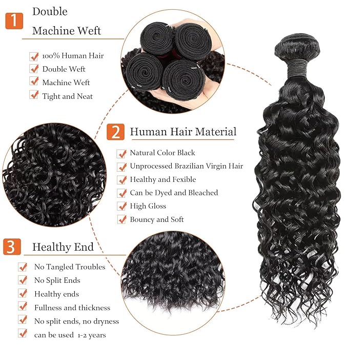 Water Wave Human Hair Bundles 12A Double Weft Deep Curly Wave Bundles 100% Unprocessed Brazilian Virgin Human Hair Natural Black Color Wet And Wavy Hair Extensions 18 20 22 24