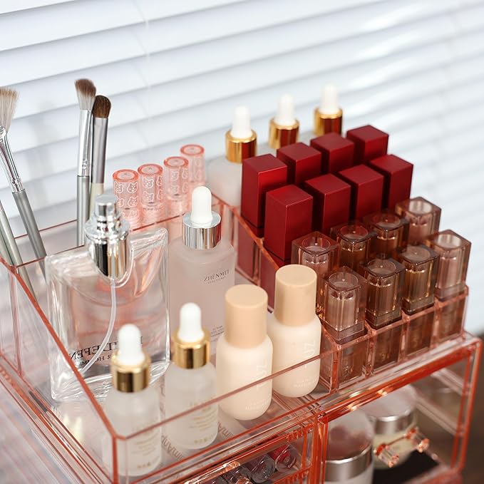 Cq acrylic 3 Pack Women and Mens Bathroom Organizer With Stackable 6 Drawers,Large Bathroom Makeup Organizer Countertop and Storage for Vanity, Great for Cosmetics, Skin Care, Lipsticks,Nail Care,Pink