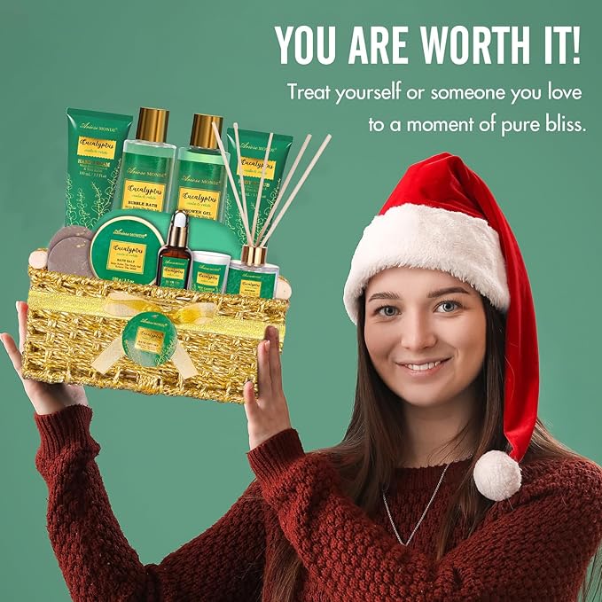 Gift Baskets for her, Spa Gifts for Women-13pcs Eucalyptus At Home Spa Kit with Body Salt, Bubble Bath. Relaxing Bath Sets for Women Gift, Birthday Gifts for Women, Mothers Day Gifts for Mom