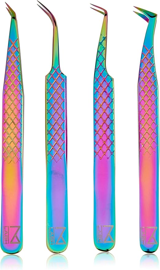 M LASH Eyelash Extension Tweezers (Set of 4) - Professional & Precision Lash Tweezers for Eyelash Extensions - Japanese Steel, Diamond Grip, Fiber Tip (Multi-Color)