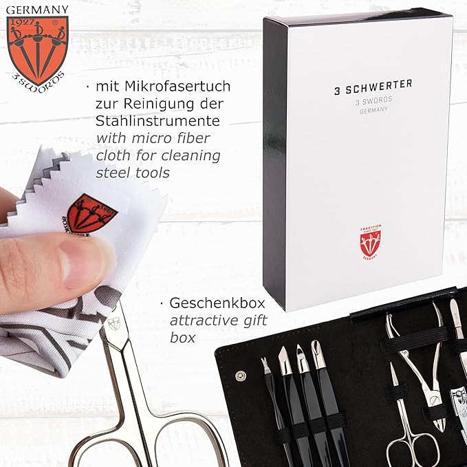 3 Swords Germany - brand quality 9 piece manicure pedicure grooming kit set for professional finger & toe nail care scissors clipper fashion leather case in gift box, Made in Solingen Germany (03584)