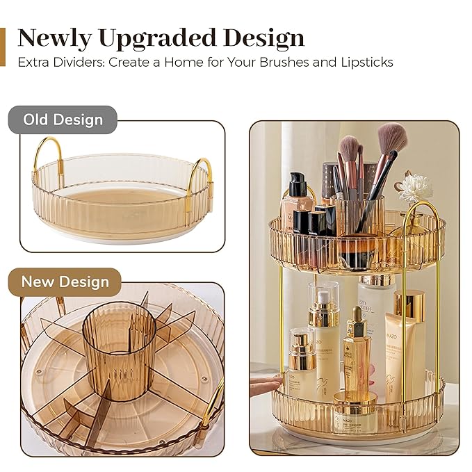 Aveniee 360 Rotating Makeup Organizer for Vanity, Upagraded Perfume Skincare Bathroom Counter Organizers with Brush Divider, Two Tier Spinning Lipstick Cosmetic Makeup Lotion Storage Organizer(Gold)