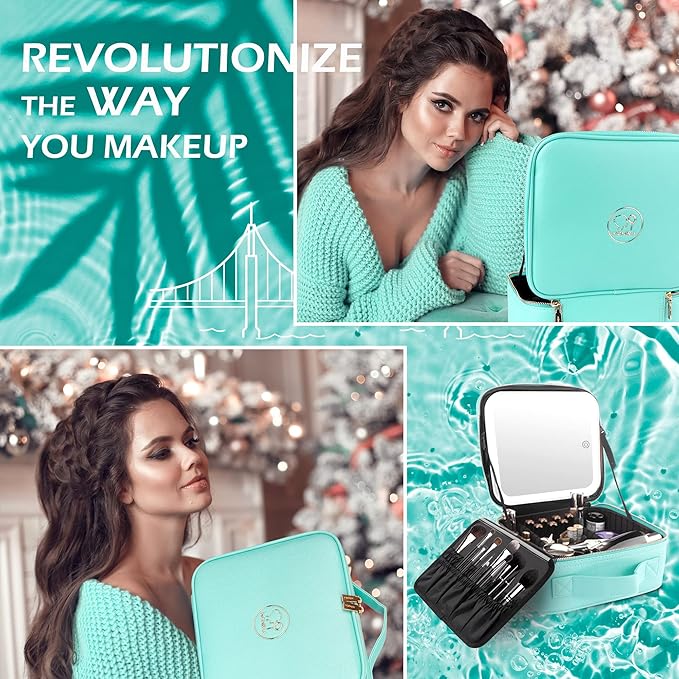 MOMIRA Travel Makeup Bag Cosmetic Bag Makeup Organizer Bag with Lighted Mirror, Adjustable Brightness in 3 Color Scenarios, Waterproof Makeup Train Case, Gift for Women - Aqua Blue