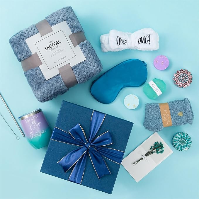 Gifts Basket for Women,Birthday Gifts for Women Birthday Presents Friendship Gifts Get Well Soon Gifts Self Care Package Gifts Blue Gift Box Relaxing Set Unique Gifts with Blanket for Mom,Wife,Sister