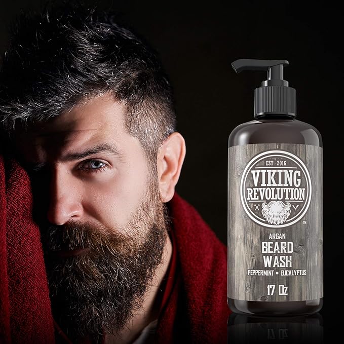 Beard Wash Shampoo w/Argan & Jojoba Oils - Softens & Strengthens - Natural Peppermint and Eucalyptus Scent - Beard Shampoo w/Beard Oil (17 oz Shampoo)
