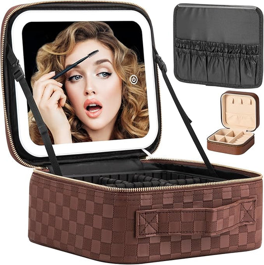 Makeup Travel Train Case with Mirror LED Light 3 Adjustable Brightness Cosmetic Bag Portable Storage Adjustable Partition Waterproof Makeup Brushes Makeup Jewelry Gift for Women