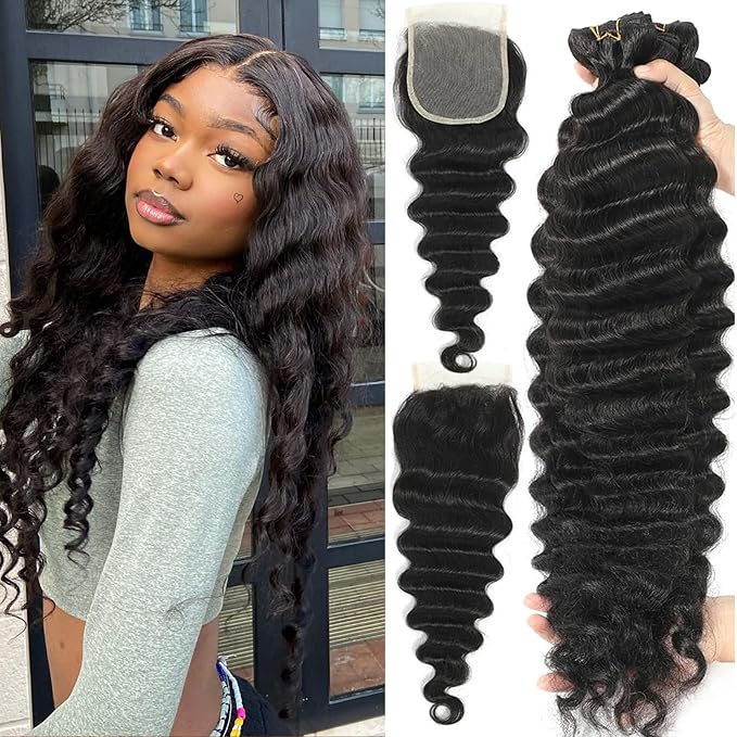 Loose Deep Wave Bundles with Closure 14 16 18 +12 Inch 100% Unprocessed Brazilian Virgin Hair Bundles with Closure Wet and Wavy Curly Weave 3 Bundles and Closure Natural Color for Women