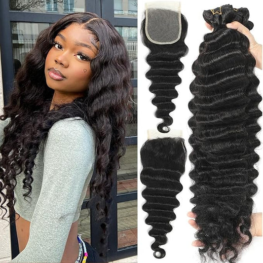 Loose Deep Wave Bundles with Closure 14 16 18 +12 Inch 100% Unprocessed Brazilian Virgin Hair Bundles with Closure Wet and Wavy Curly Weave 3 Bundles and Closure Natural Color for Women