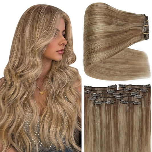Full Shine Clip in Hair Extensions Real Human Hair Balayage Thick Hair Extensions Clip ins Golden Brown to Dark Blonde Remy Hair Clip in Extensions Double Weft 7 Pcs 18 Inch 135 G