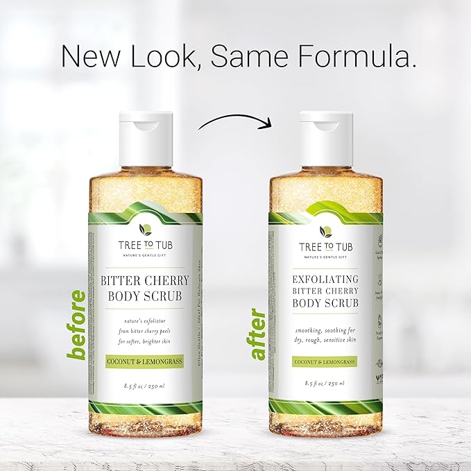 Tree to Tub Bitter Cherry Coconut Exfoliating Body Wash - Gentle Exfoliating Body Scrub for Sensitive Skin - Skin Exfoliator for Body for Women & Men w/Natural Soapberry, Natural Cherry, Organic Rice