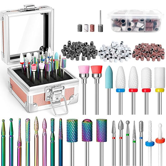 Onism 25Pcs Nail Drill Bits Set - 3/32 Inch Tungsten Carbide Ceramic Nail Bits Kit for Professional Manicure Pedicure Remover for Home Salon Acrylic Gel Nail Polish - With Nail Tool Box, Sanding Bands