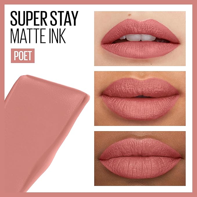 Maybelline Super Stay Matte Ink Liquid Lipstick Makeup, Long Lasting High Impact Color, Up to 16H Wear, Poet, Light Rosey Nude, 1 Count, Packaging May Vary