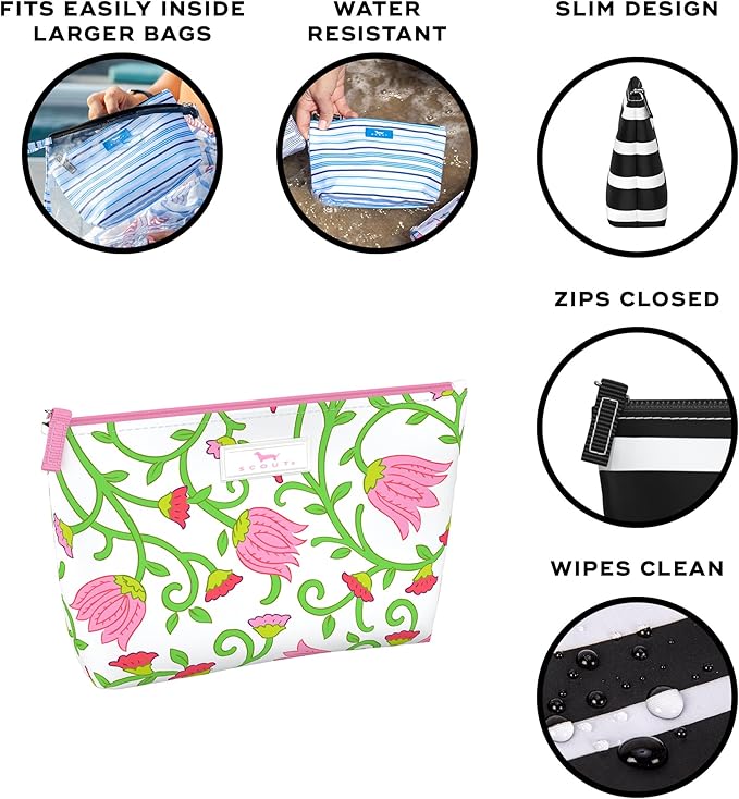 SCOUT Twiggy Makeup Bag, Slim Water-Resistant Pouch Zips Shut, Wipes Clean, Packs Easily