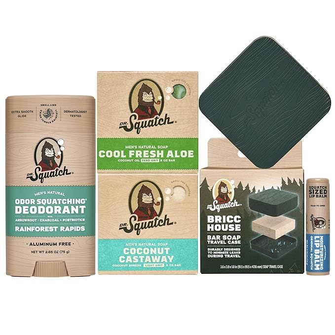 Dr. Squatch NEW Bricc House Travel Pack - Soap Travel Case + Cool Fresh Aloe, Coconut Castaway Soap + Rainforest Rapids Deodorant + Original Squatch Lip Balm - Full Routine Natural Men's Care Kit