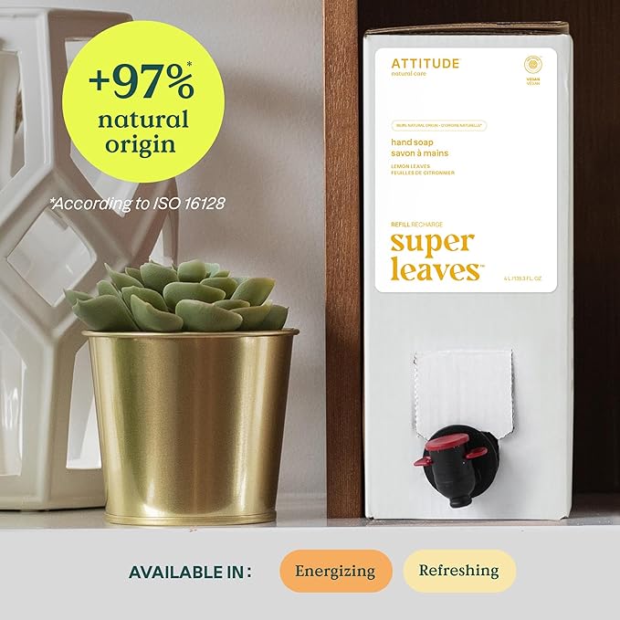 ATTITUDE Liquid Hand Soap, EWG Verified, Plant and Mineral-Based, Vegan Personal Care Products, Lemon Leaves, Bulk Refill Format, 135.26 Fl Oz