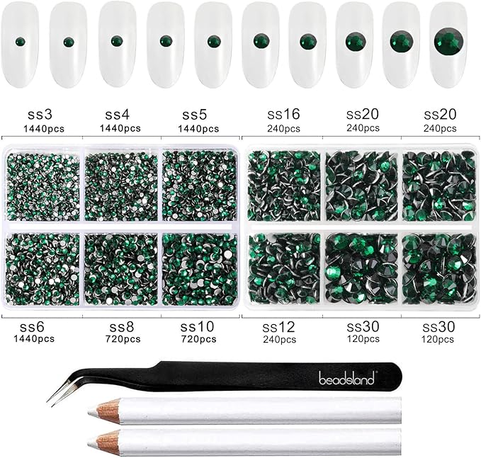 Beadsland 8300PCS Flatback Rhinestones, Green Rhinestone Round Crystal Rhinestones for Crafts, Mixed 10 Sizes with Wax Pencil and Tweezer Kit, SS3-SS30, Emerald