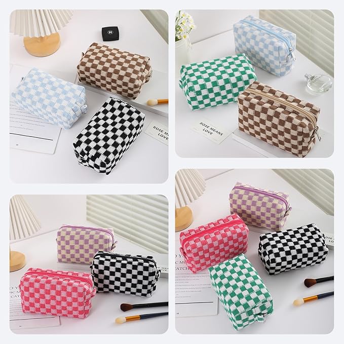12 PCS Checkered Makeup Bag Cosmetic Bag for Women Checkered Pouch Plaid Makeup Bag for Women Large Capacity Pencil Case Makeup Brushes Storage Bag Travel Toiletry Bag Organizer