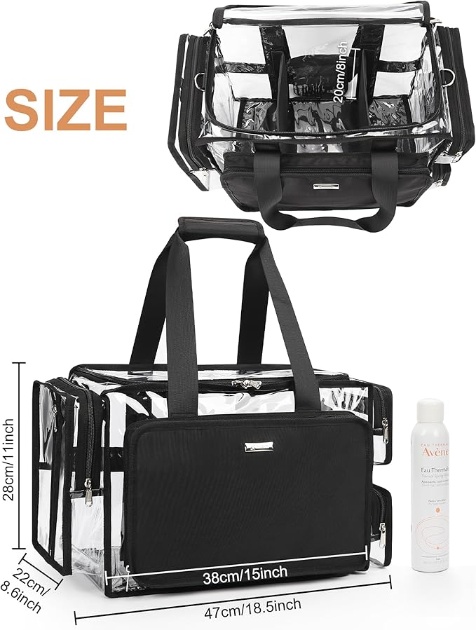 Relavel Clear Makeup Bag Extra Large Makeup Artist Set Bag, Cosmetic Storage Organizer Hair Stylist Travelling Bag, Transparent Tote Duffle Beach Toiletry Bag with Adjustable Dividers & Shoulder Strap
