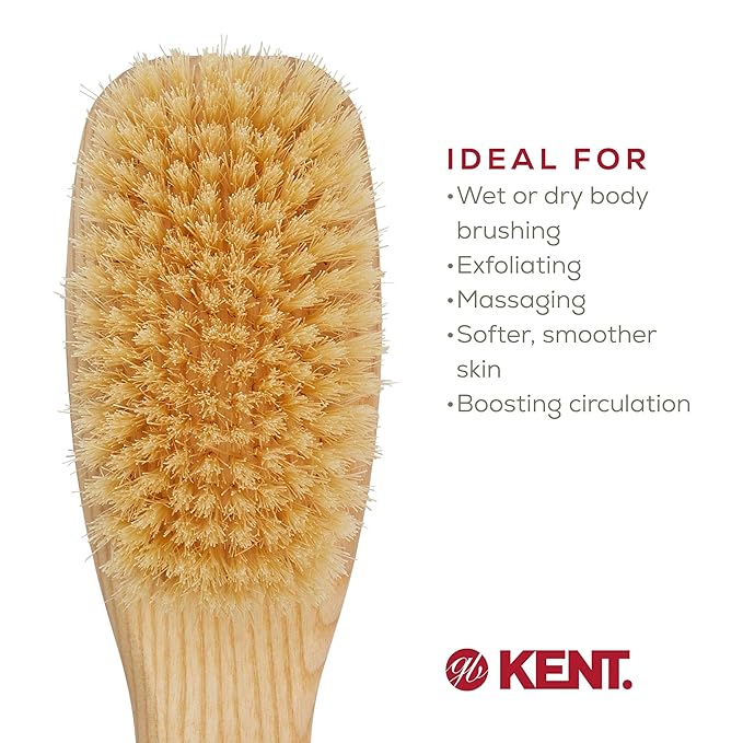 KENT FD6 9" Beechwood Wood Short Handle Shower Bath Body Brush. for Skin Exfoliate & Massage. 100% White Boar Bristles. Best Body, Foot and Leg Scrubber Brushing for Wet and Dry Body. Made in England
