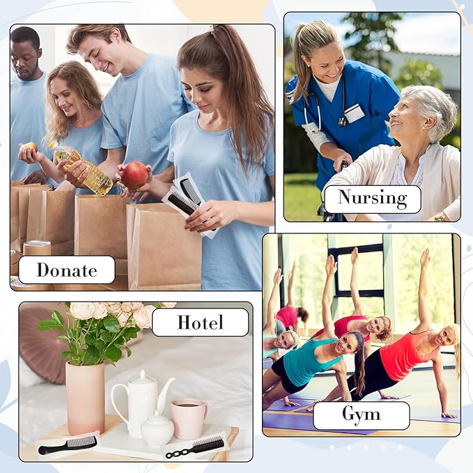 Baderke 144 Pack Individually Wrapped Hair Brushes Combs Set for Homeless, Detangling Brush Widen Combs for Curly Hair Suitable for Women Men Shelter Nursing Hotel Church Charity Supplies(Black)