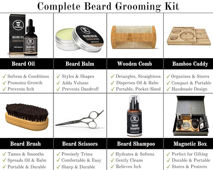 Striking Viking Beard Grooming Kit for Men with Shampoo, Oil, Balm, Brush, Wooden Comb, Mustache Scissors - 7-Piece Sandalwood Caddy for Beard Growth