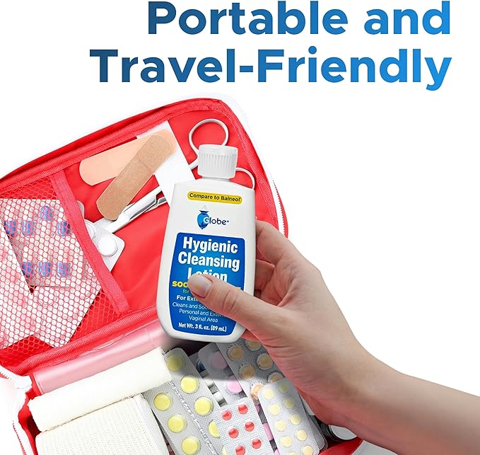 Globe (3 Pack Hygienic Cleansing Lotion for Men and Women -Discomfort, Pain & Itch Relief for Sensitive Areas, Cooling, Non-Irritating Gentle Personal Care Cleanser, Convenient for Travel, 3oz Bottle